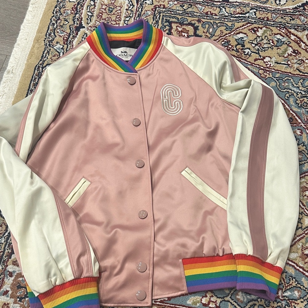 Coach Pink and Cream Varsity Jacket with Rainbow Trim